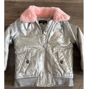 Buffalo David Bitton Girls Metallic Silver Bomber Jacket Pink Faux Fur Star 3T